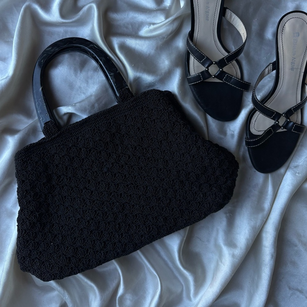 Liz Claiborne Black Crochet Handbag with Pink Lining